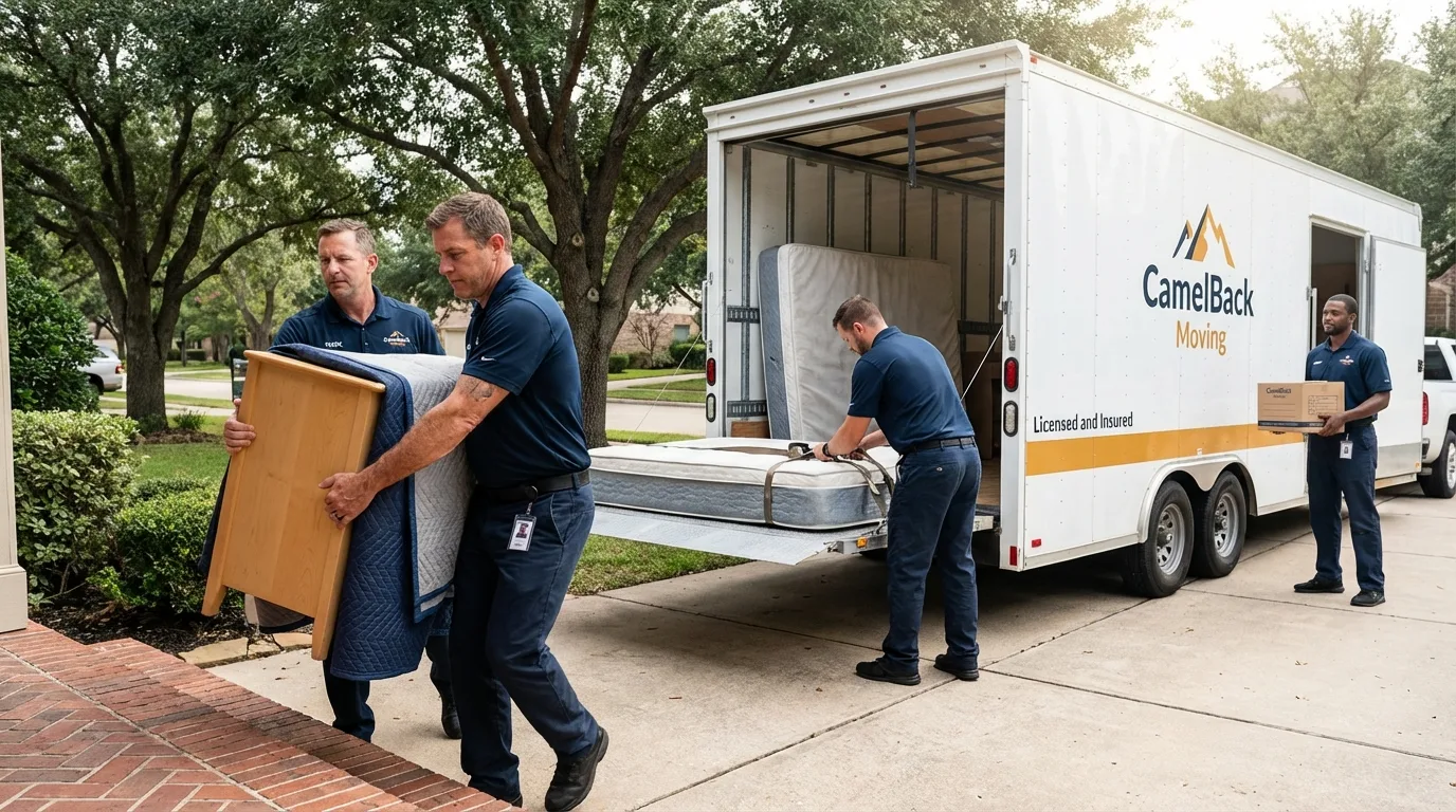 Crew loading residential truck for cross-state move from Mason City, IA