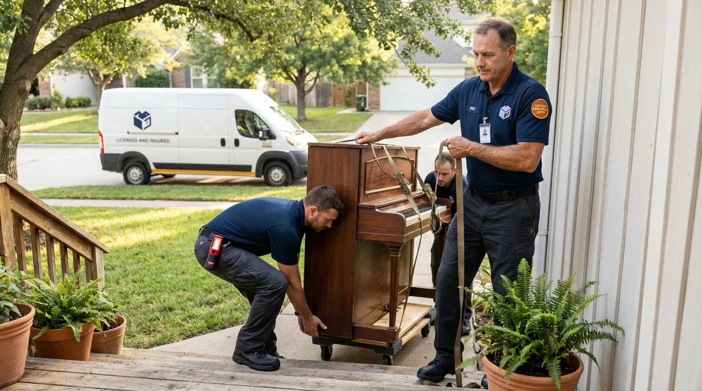 Licensed piano movers securing grand piano in Mason City, IA