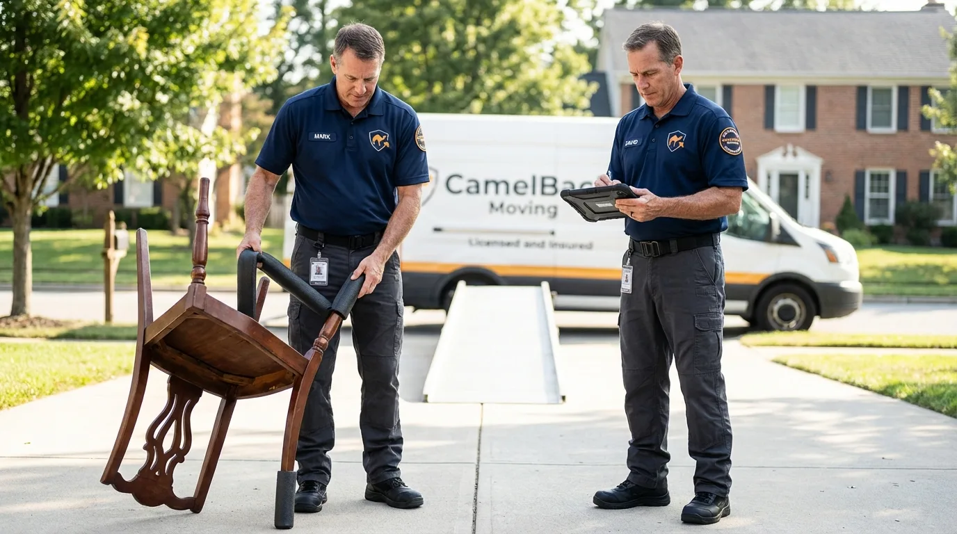 Movers inspecting furniture for damage prevention before loading in Mason City, IA