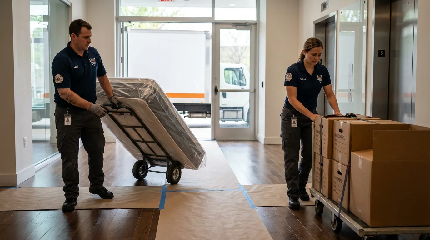 Professional apartment movers loading elevator in Mason City, IA