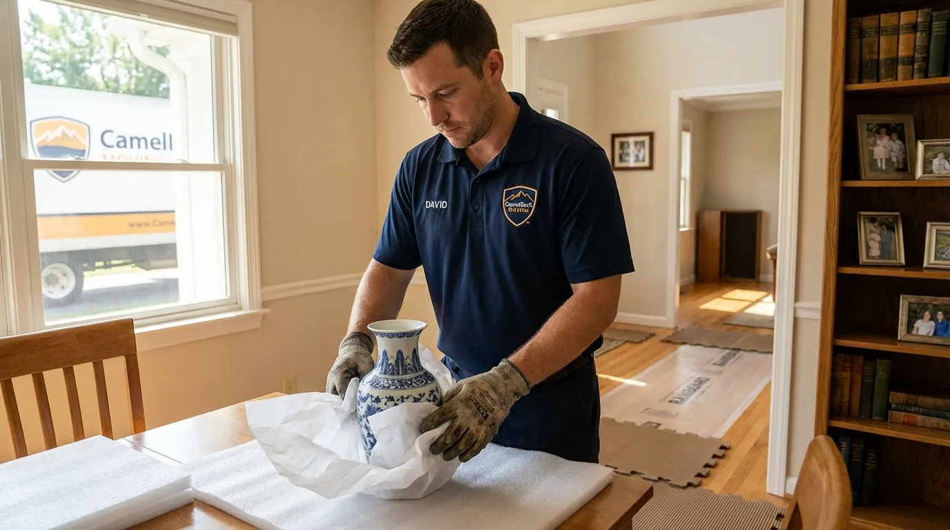 Professional crew carefully wrapping antique vase for senior downsizing move in Mason City, IA