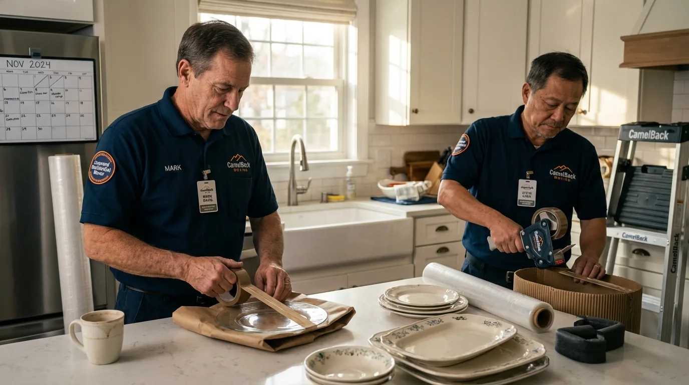 Professional crew packing kitchen dishware in Mason City, IA